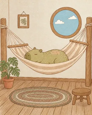 Momo the capybara asleep in a striped hammock in a quiet room.