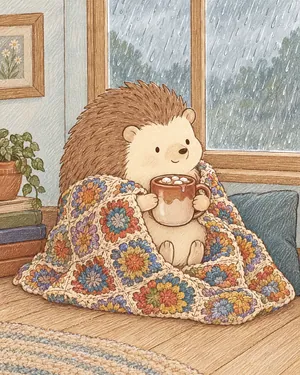 Bramble the hedgehog wrapped in a blanket by a rainy window, holding a mug of cocoa.
