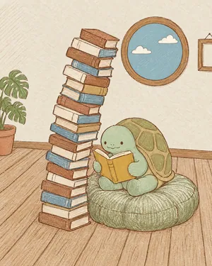 Myrtle the tortoise on a floor cushion reading one small book beside a tall stack of books.