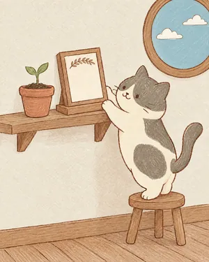 Biscuit the cat, standing on a stool, setting a graduation plaque onto a wall shelf beside a small potted seedling.