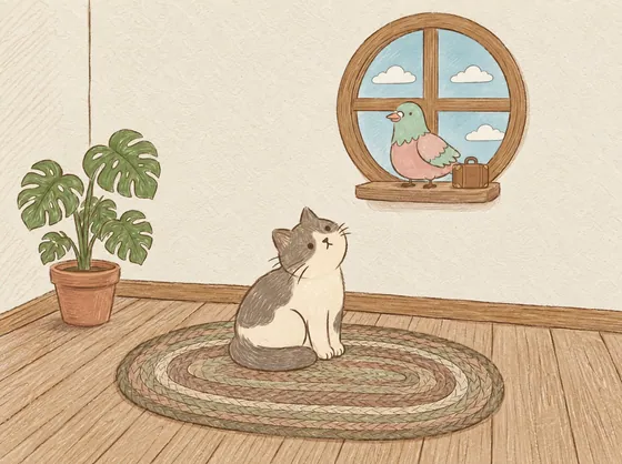 Doris the pigeon standing on the sill of a round window with a tiny suitcase, while Biscuit the cat looks up from a braided rug.