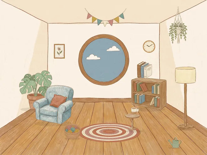 An illustrated room from the app, a few weeks in: an armchair, a low bookshelf, a monstera, a reading lamp and a braided rug, with Biscuit the cat on the rug.