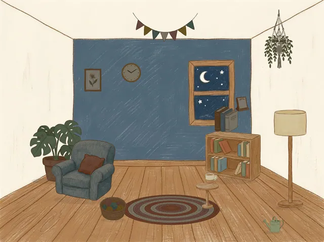 The same room at night, in the Small Hours room: Biscuit asleep on the braided rug, Rusty asleep by the armchair, and a graduation plaque on the wall under a crescent moon.