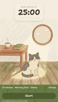 The focus timer at 25 minutes, over a quiet room where Biscuit sits on the boards under a round window, with a Start button.