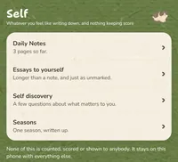 The Self tab: Daily Notes, Essays to yourself, Self discovery and Seasons.